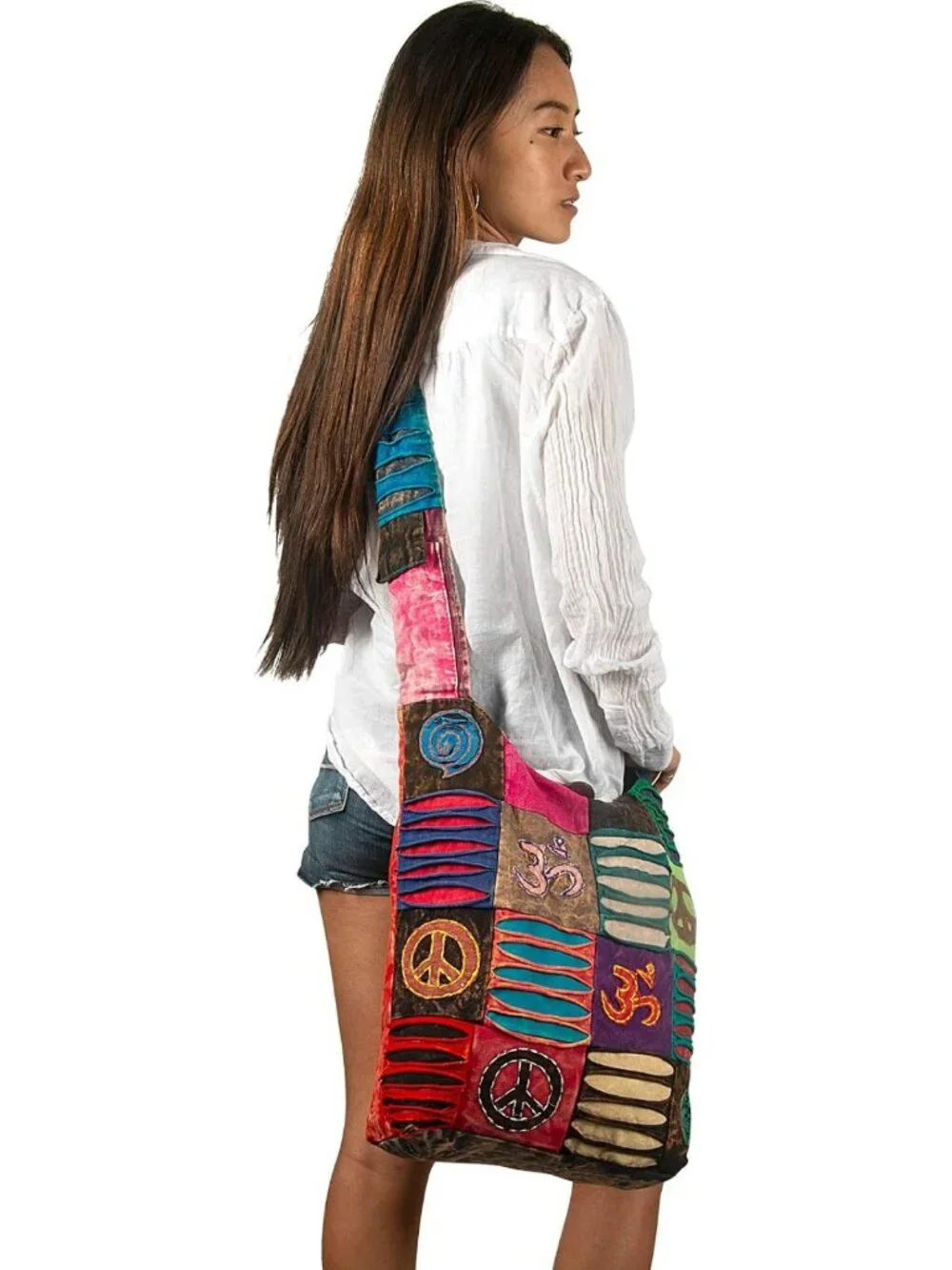 Colorful Boho Shoulder Bag for Women - Sling Slouchy Hippie Style (Peace)